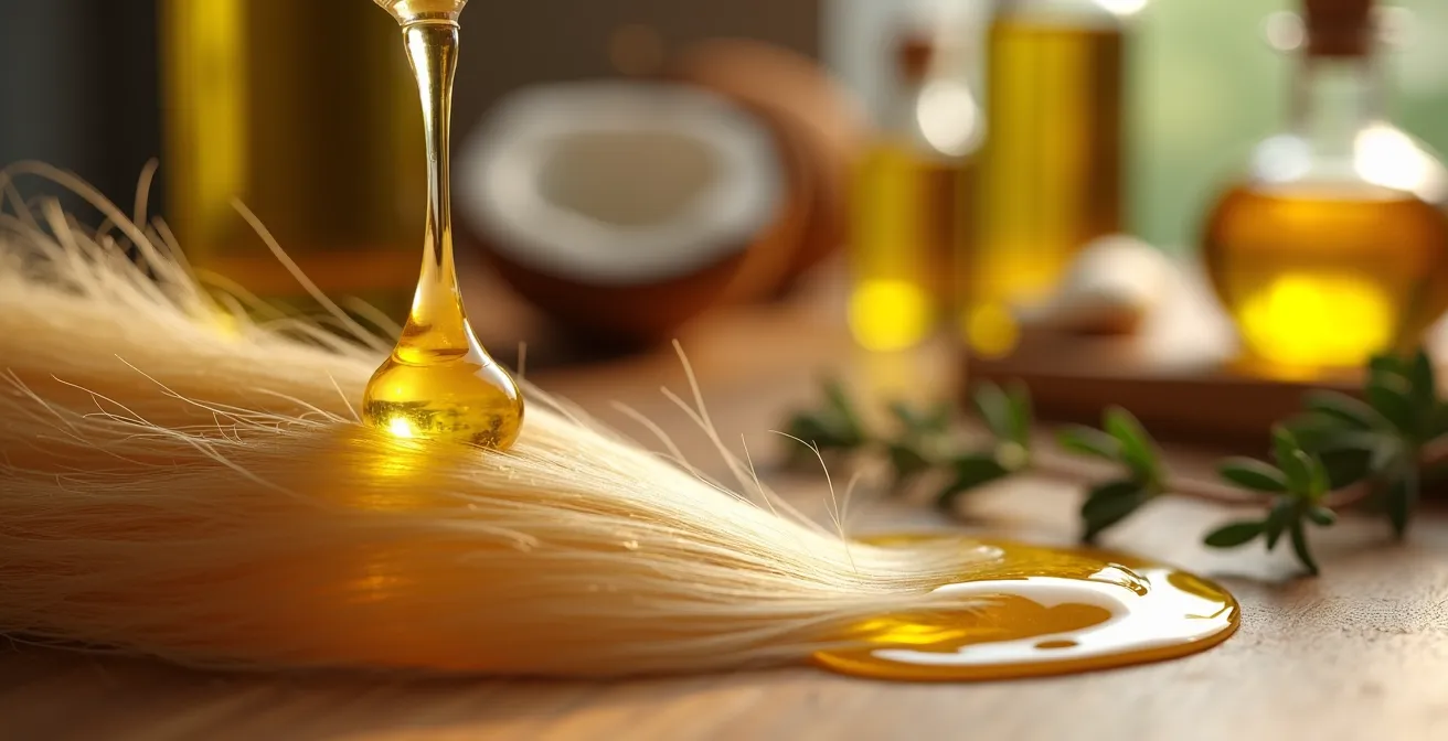Vista macro de aceite penetrando en hebra de cabello rubio