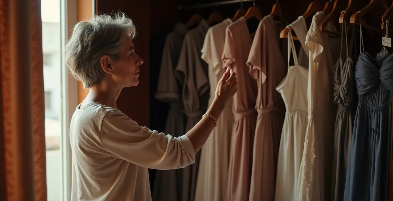 Contraste visual entre ropa de fiesta colgada sin usar y ropa cotidiana desgastada en un armario español