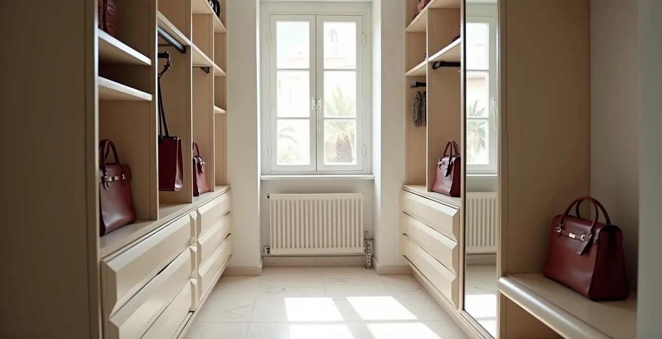 Vista minimalista de un armario español con sistema de almacenamiento vertical para bolsos