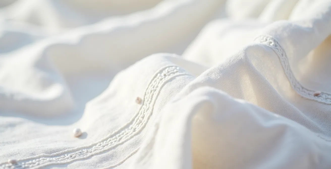 Detalle macro de un tejido blanco de algodón con bordados artesanales, característico del estilo Adlib de Ibiza.
