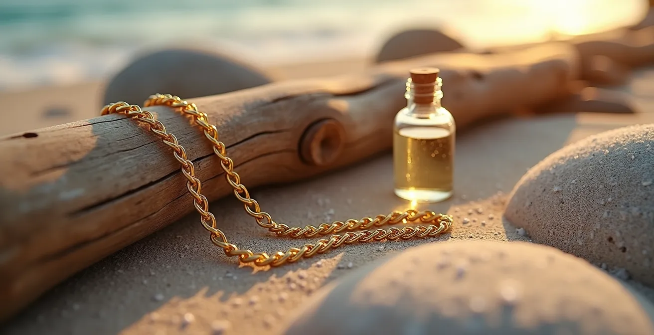 Collar dorado con aplicación de laca protectora transparente bajo luz natural de verano