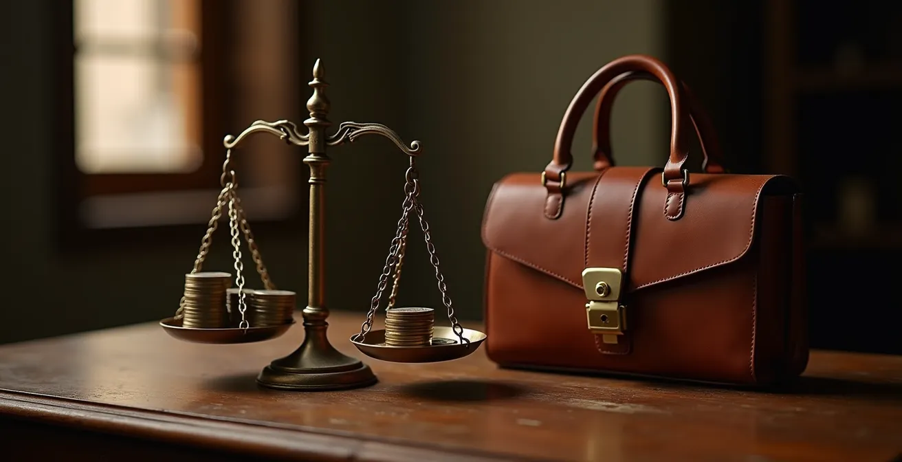 Composición conceptual mostrando balanza entre coste y valor emocional de un bolso de lujo