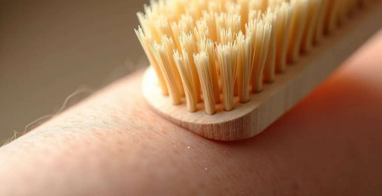 Detalle macro de cepillo de cerdas naturales sobre piel