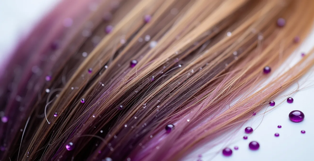 Detalle macro de cabello con balayage siendo tratado con producto matizador