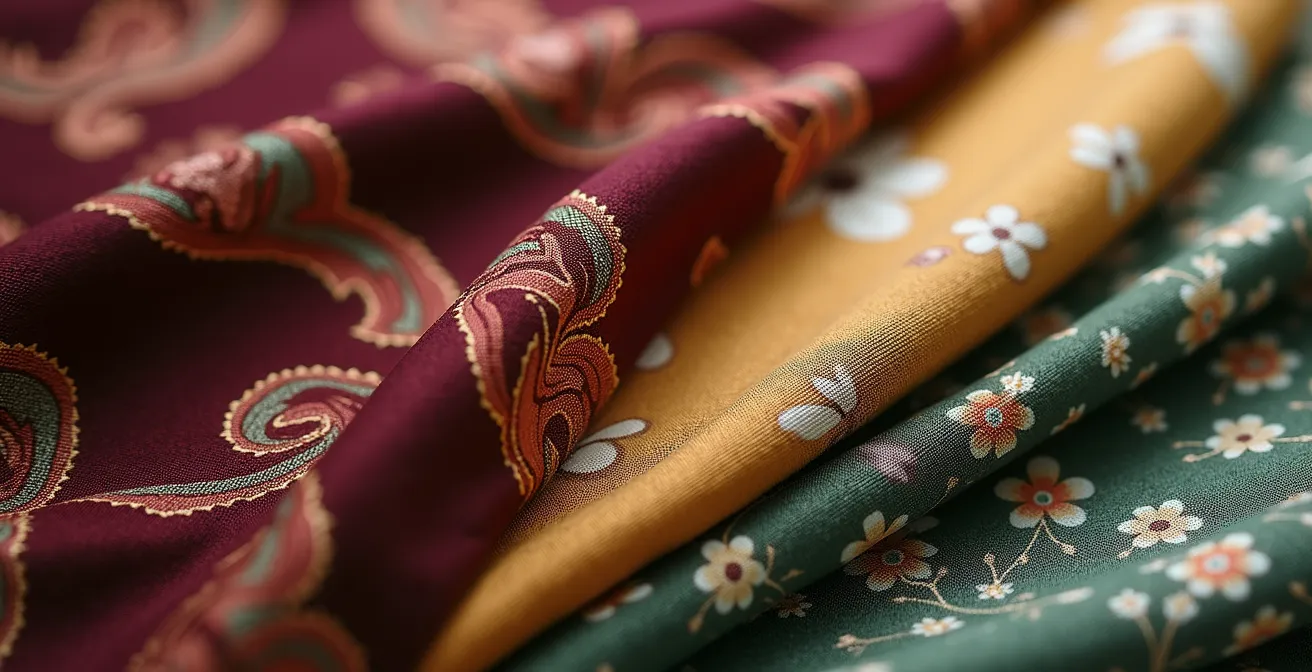 Detalle macro de tejidos bohemios superpuestos con estampados paisley y florales