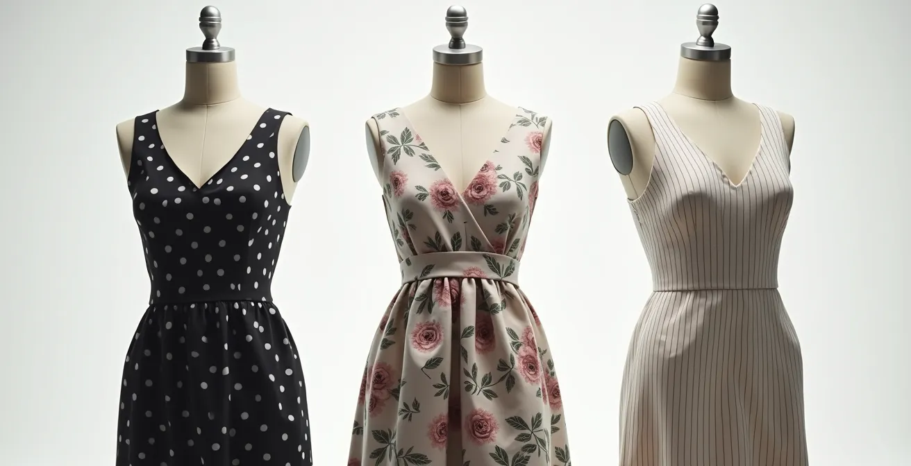 Comparación visual de diferentes estampados en vestidos para disimular zona abdominal