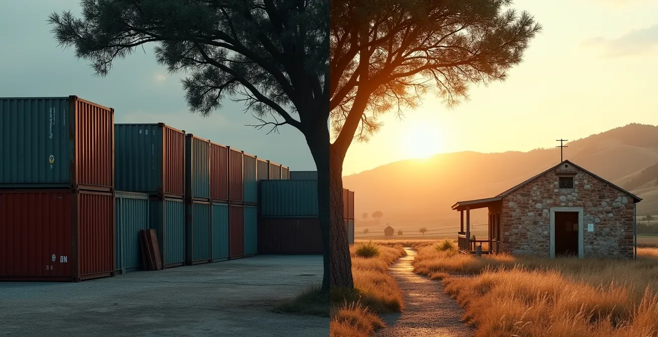 Comparación visual del impacto ambiental entre el transporte global de la moda rápida y la producción local de moda sostenible en España.