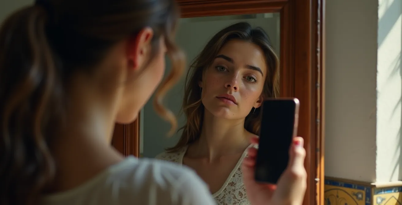 Mujer joven mirándose al espejo con expresión reflexiva mientras sostiene un teléfono