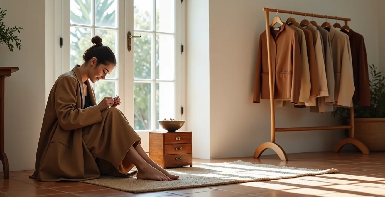 Manos de una persona cosiendo con cuidado un botón sobre un abrigo de lana, con luz natural entrando por una ventana.