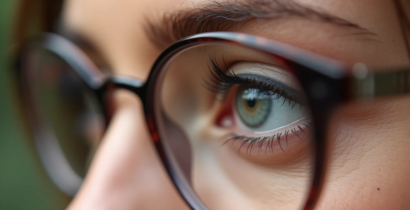 Detalle macro del ojo con delineado cat-eye y montura de gafas creando doble efecto lifting