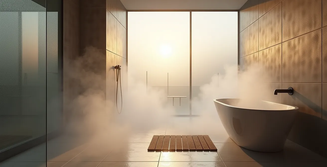 Ambiente de ducha con vapor y luz natural en baño español