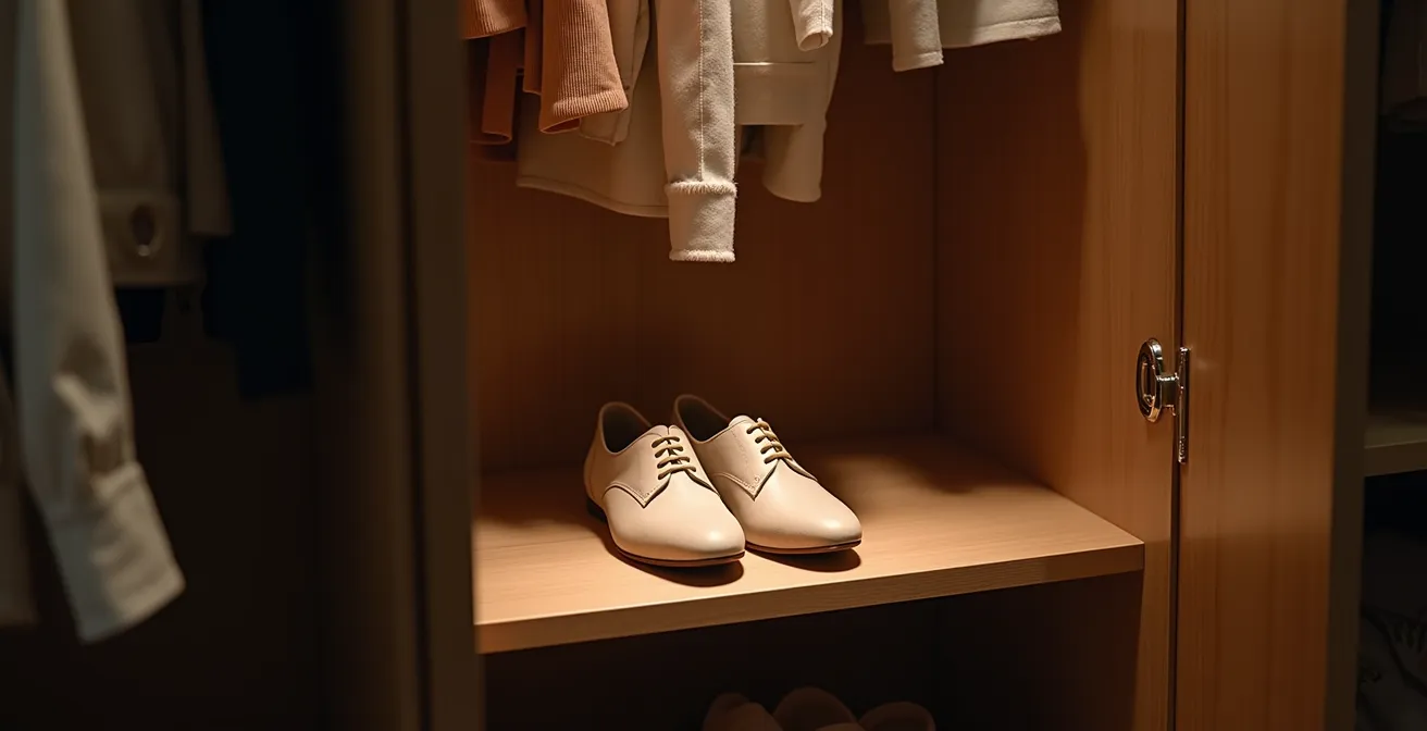 Armario abierto con zapatos nuevos destacando entre ropa descolorida ilustrando el contraste del Efecto Diderot