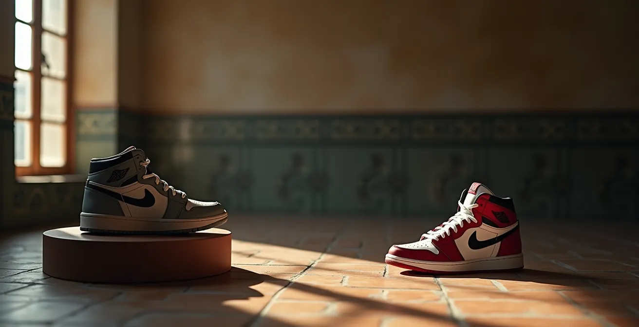 Zapatillas Jordan vintage iluminadas dramáticamente mostrando el contraste entre modelos cotizados y olvidados