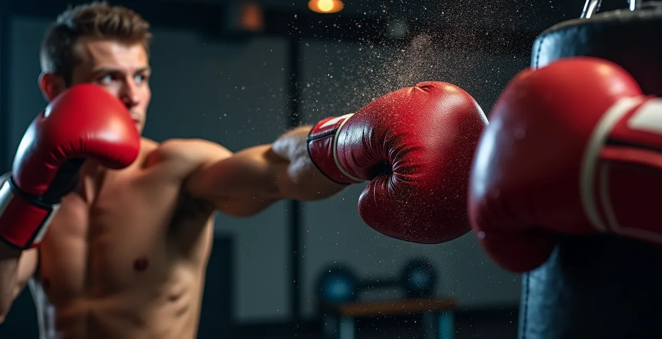 Persona golpeando un saco de boxeo con intensidad en un estudio de fitness español