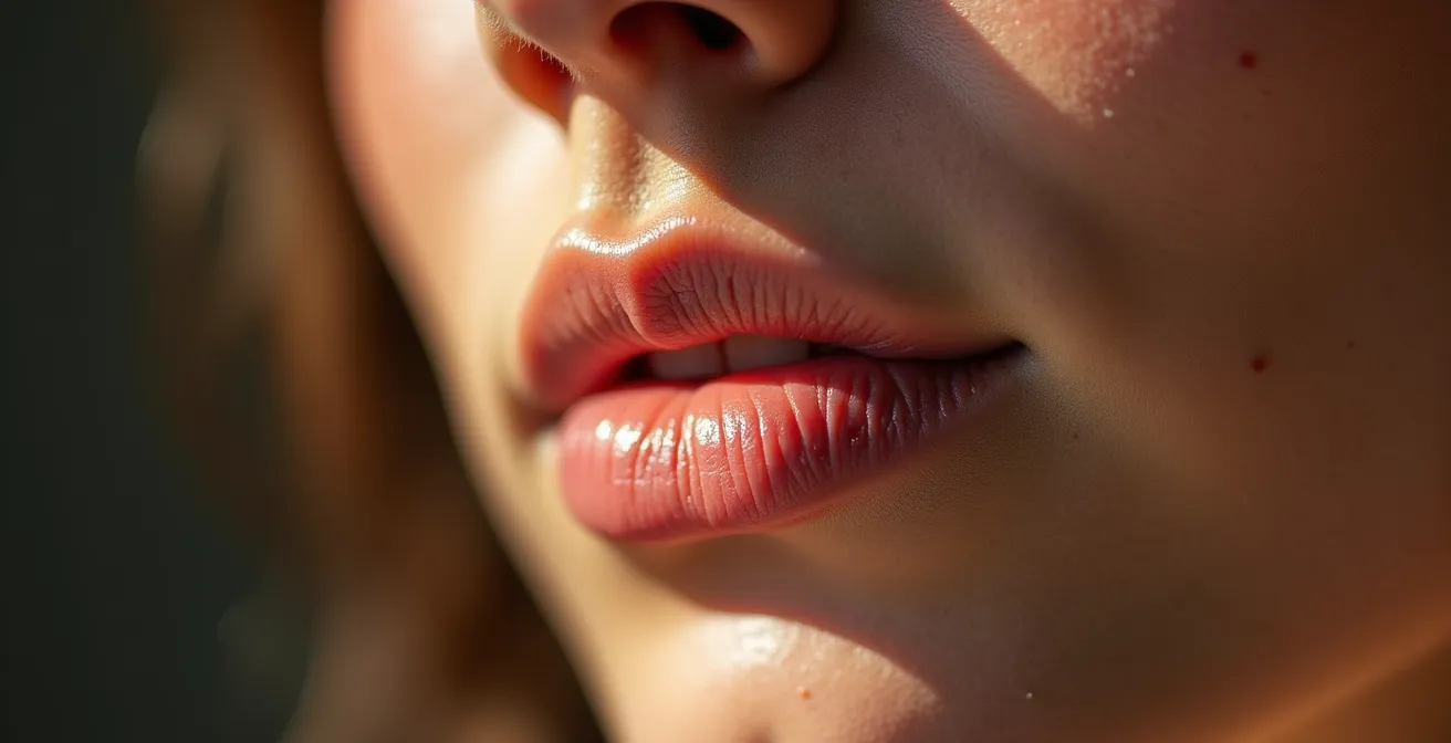 Primer plano de rostro femenino mostrando textura de piel con iluminación dramática