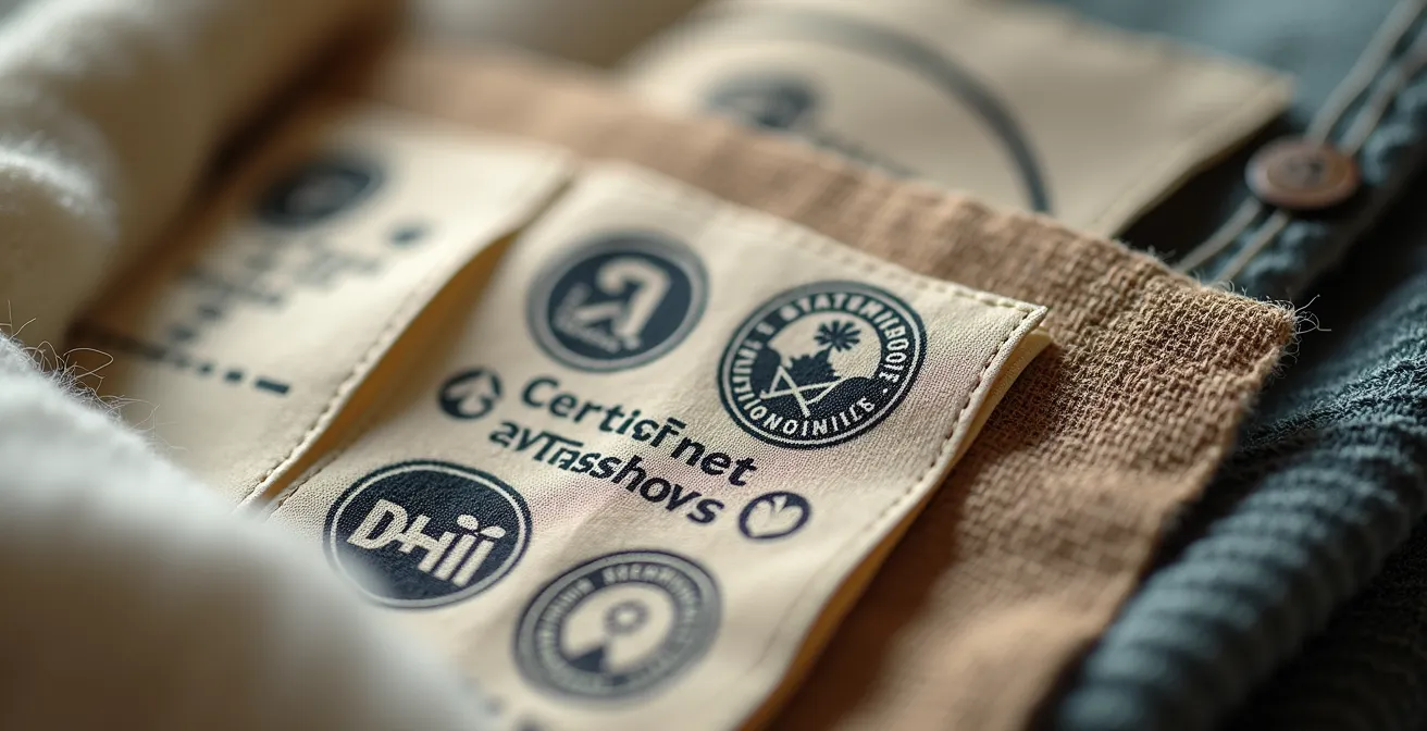 Primer plano de etiquetas de ropa mostrando diferentes texturas y símbolos de certificaciones ecológicas