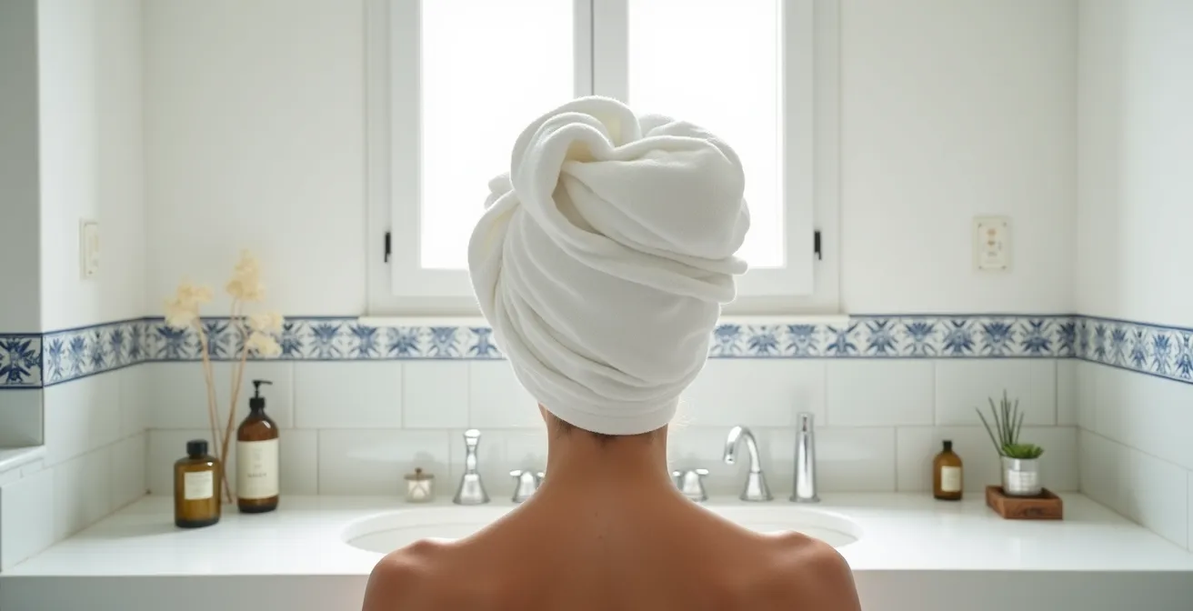 Cabello envuelto en toalla caliente con vapor visible para tratamiento