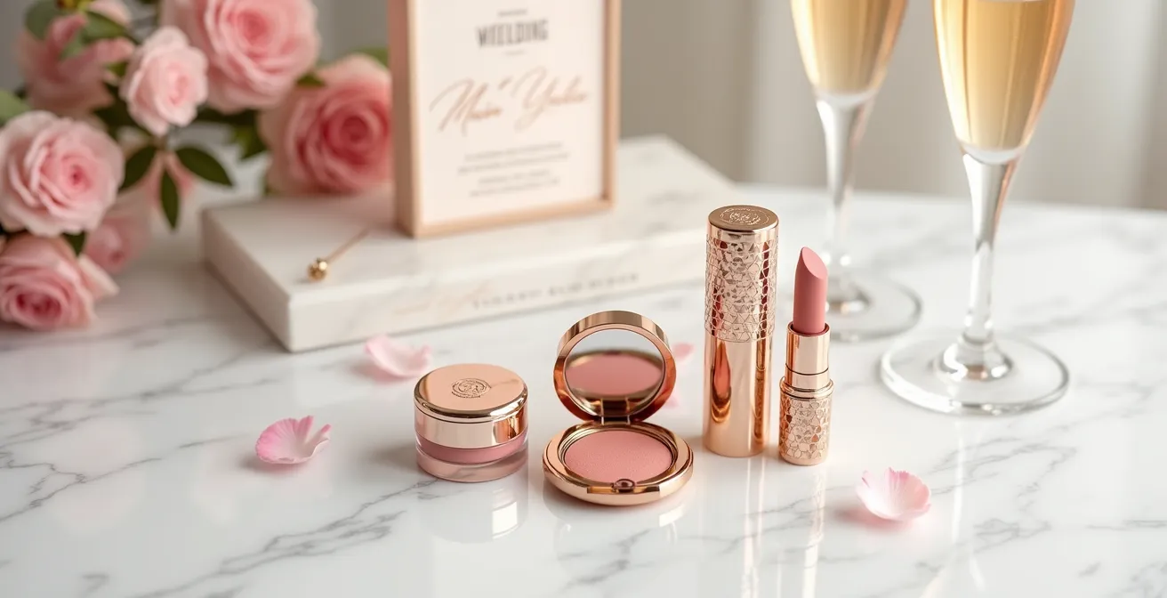 Productos de maquillaje compactos y multiusos sobre superficie elegante