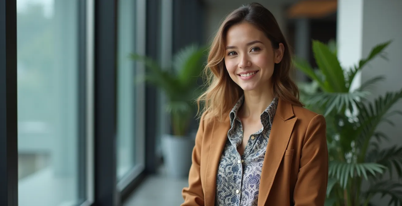 Mujer con estilo boho adaptado para ambiente profesional en oficina moderna