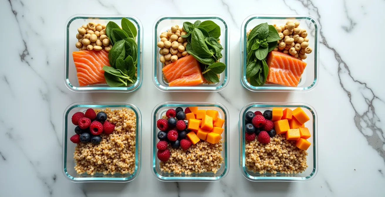Vista aérea de varios tuppers de cristal con comidas preparadas para la semana, incluyendo salmón, quinoa y verduras de colores.