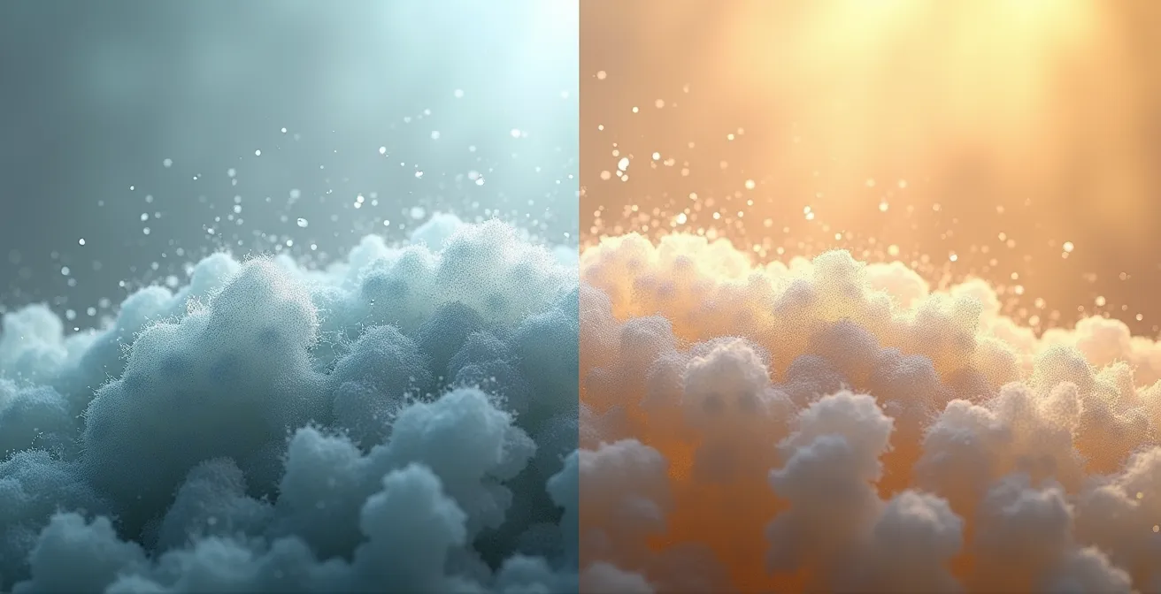 Comparación visual del efecto del poliéster sobre la piel y el microbioma cutáneo, mostrando la acumulación de humedad en la fibra sintética.