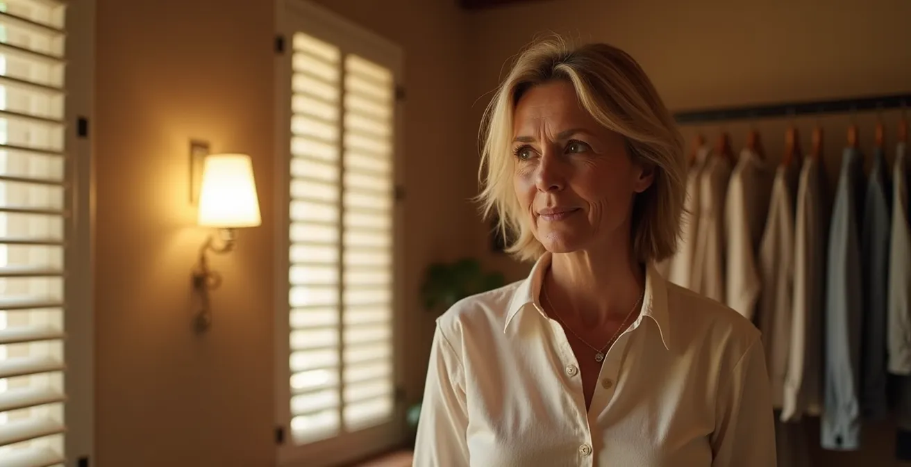 Espacio minimalista con elementos mediterráneos y prendas en tonos terracota y beige