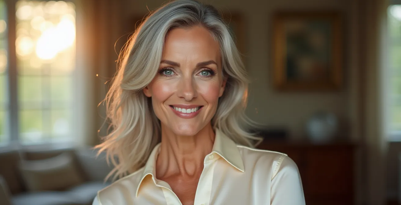 Mujer madura con reflejos cobrizos sutiles en cabello canoso