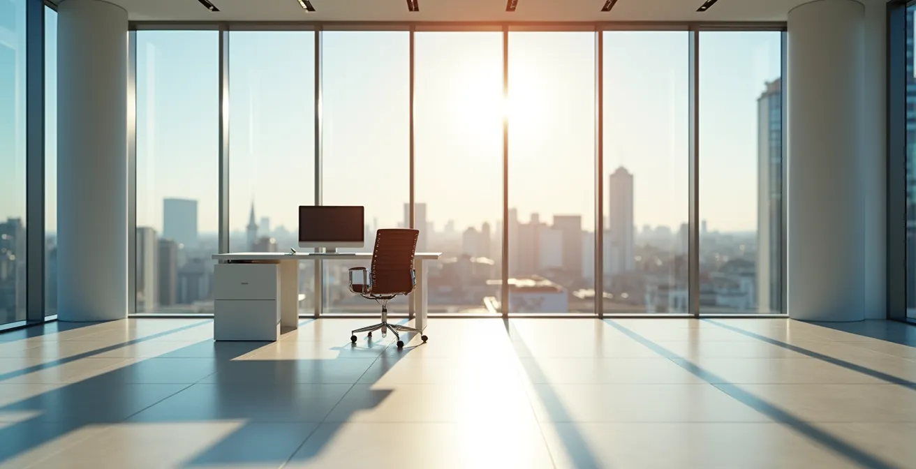 Interior de oficina española con grandes ventanales mostrando la luz natural filtrada