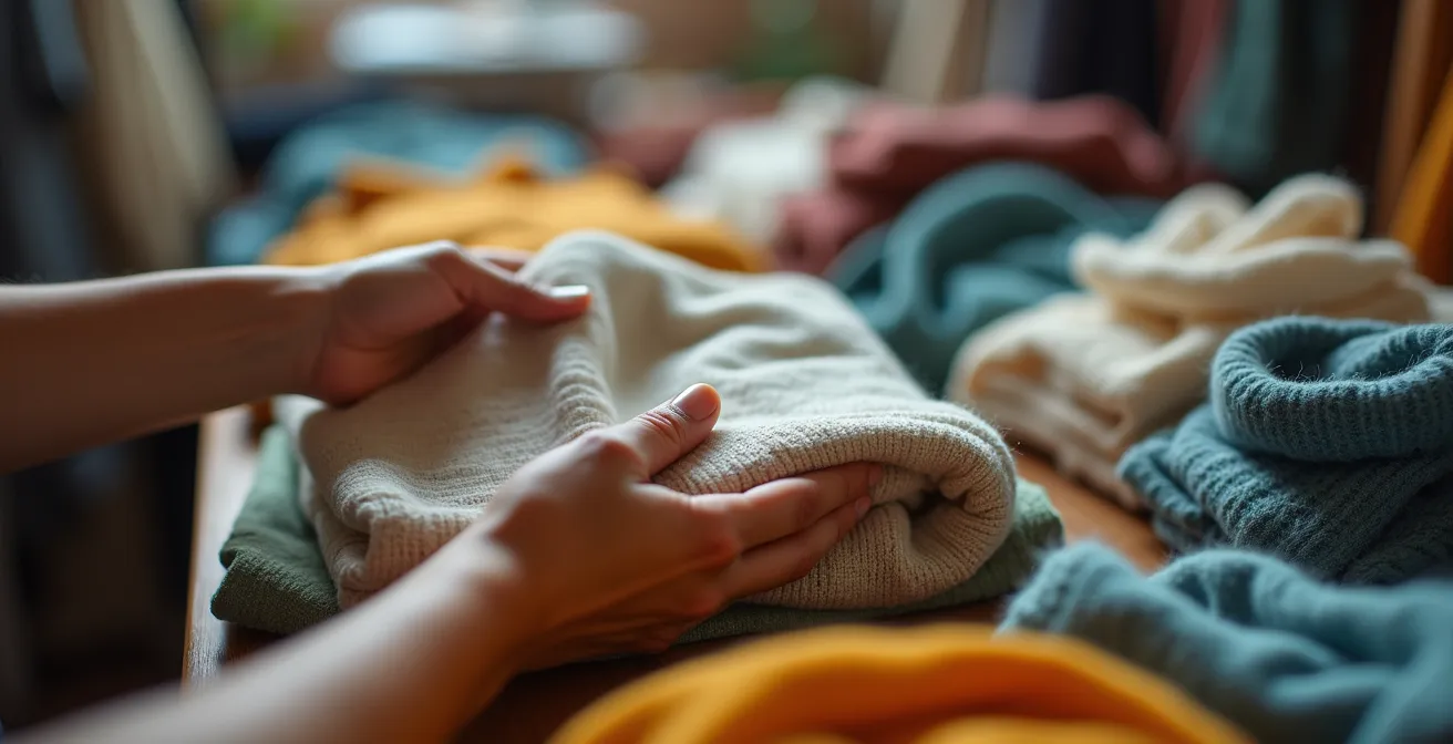 Vista macro de etiquetas de precio y texturas de telas mostrando el proceso de selección de prendas