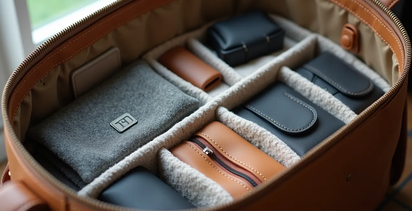 Vista cenital de organizador de bolso con compartimentos temáticos