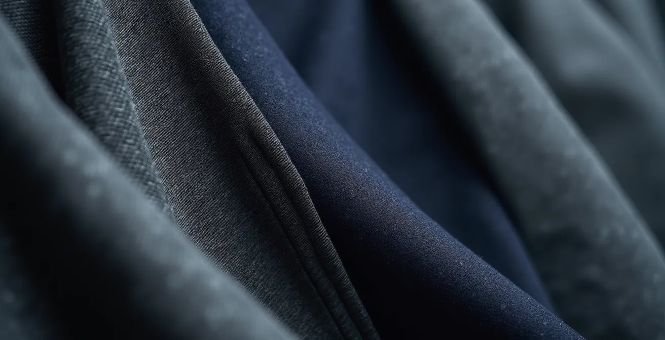 Detalle macro de la textura de un pantalón de chándal técnico premium junto a una americana de lana, mostrando el contraste de materiales