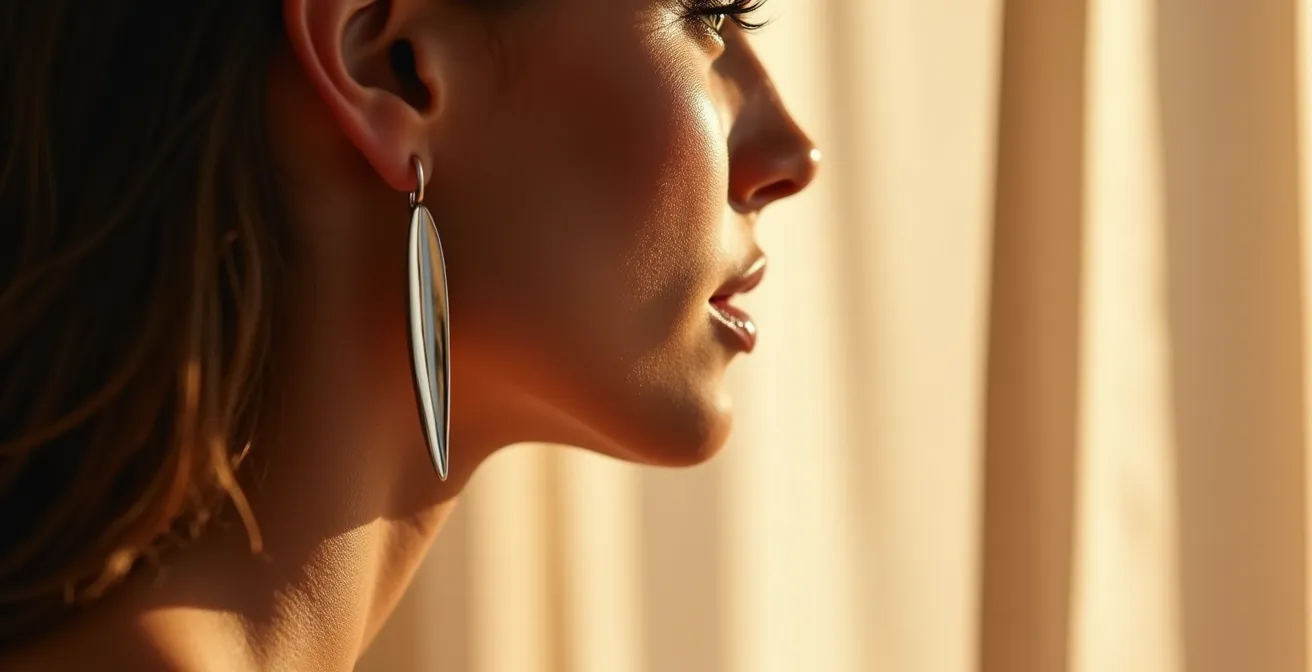 Pendientes alargados de titanio plateado sobre superficie minimalista mostrando ligereza y diseño estilizado