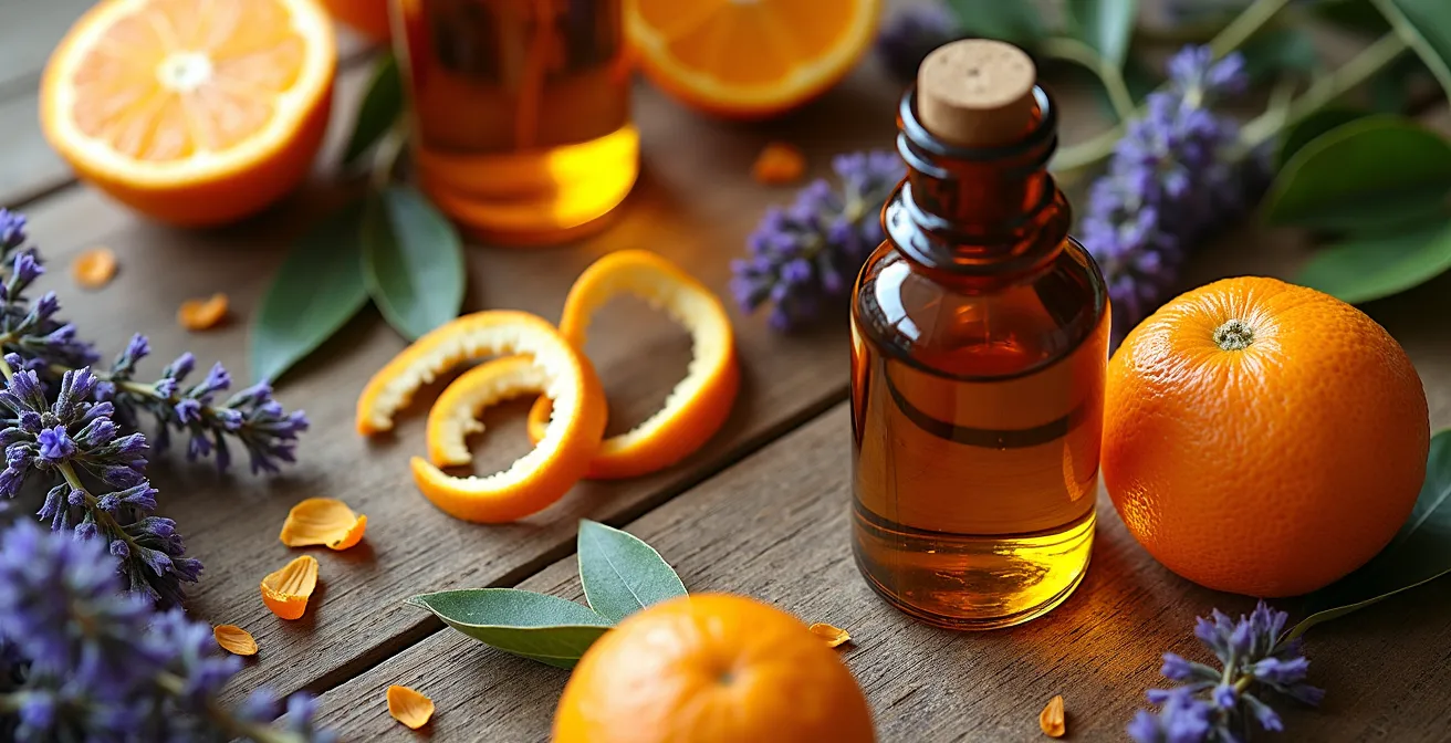 Mesa de trabajo de perfumista con ingredientes naturales mediterráneos y frascos de esencias