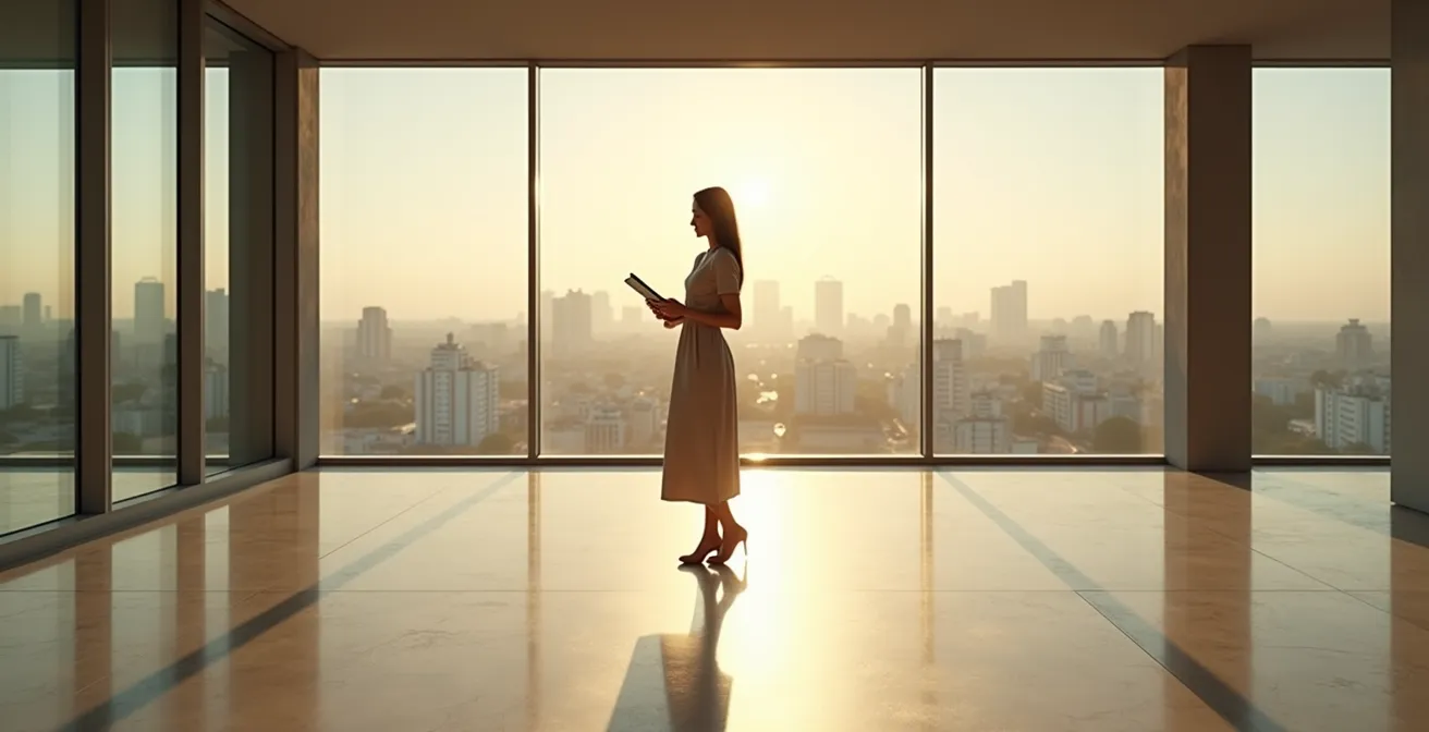 Mujer profesional española en amplio espacio minimalista proyectando confianza a través de su postura