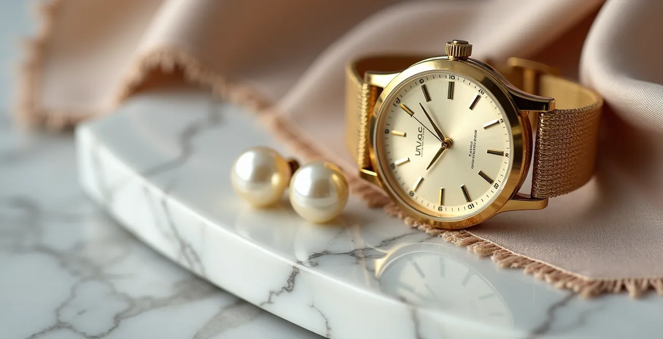 Composición minimalista de accesorios profesionales como un reloj, pendientes y un pañuelo de seda, sobre una superficie de mármol.
