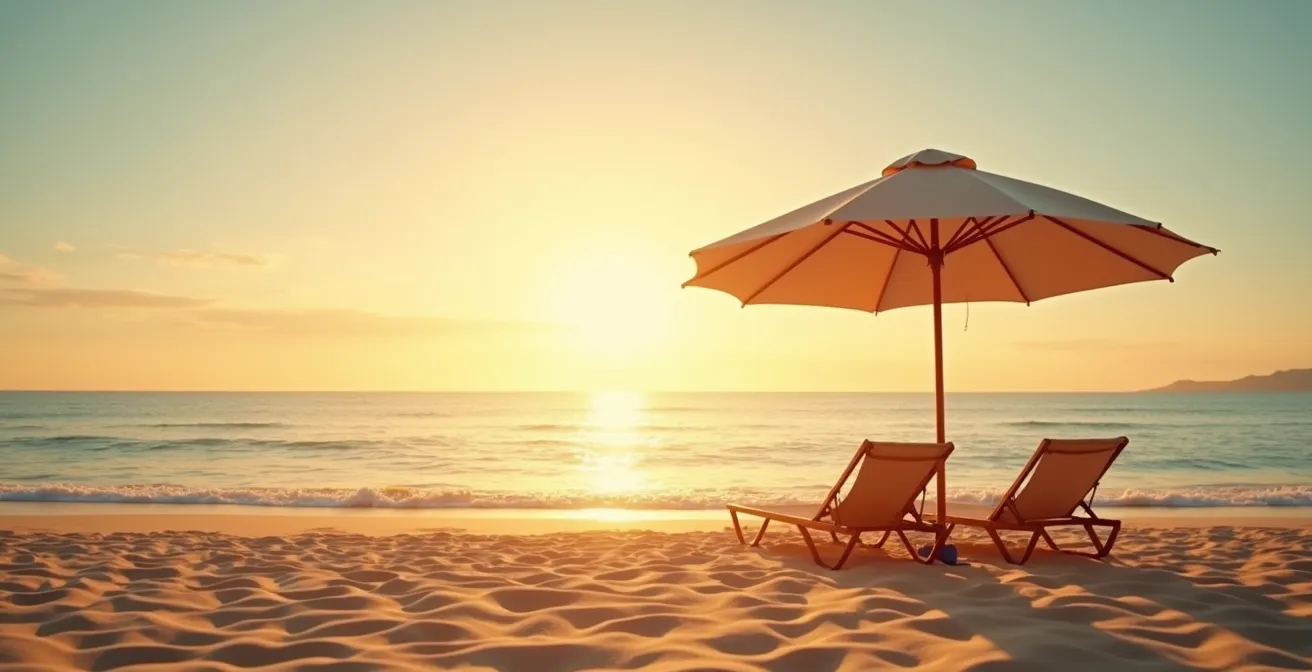 Escena de playa mediterránea al atardecer con sombra de sombrilla sobre la arena.