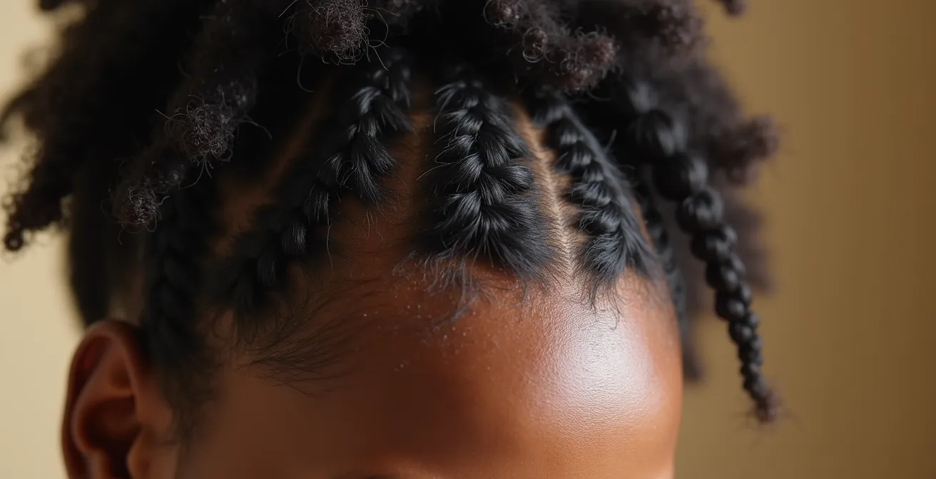 Detalle macro de diferentes peinados protectores mostrando trenzas y moños que cubren la raya del pelo
