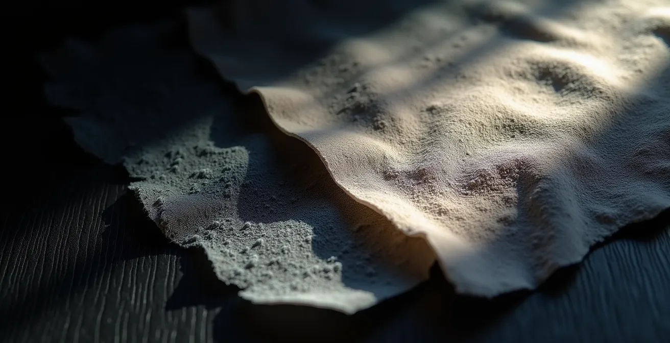 Vista microscópica de fibras textiles mostrando residuos químicos en estructura del tejido