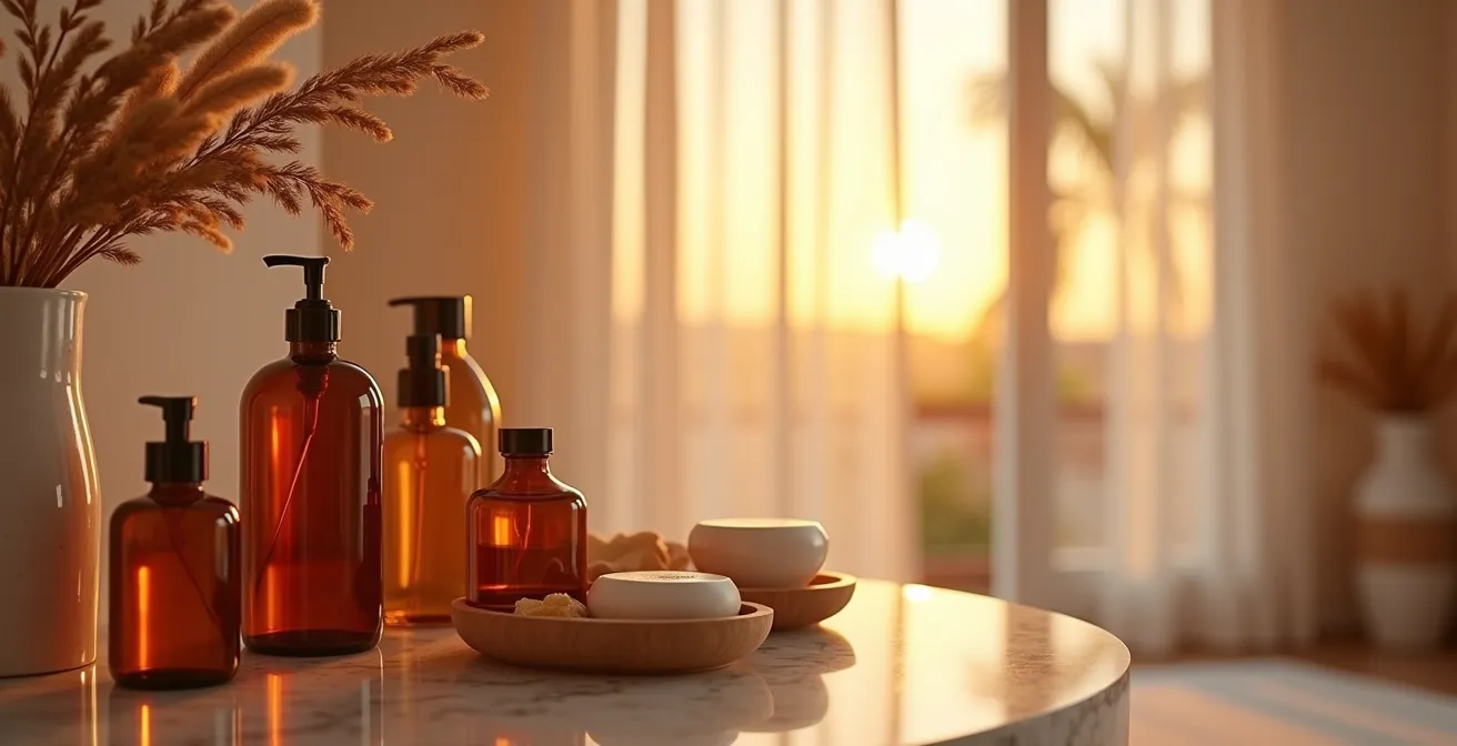 Productos de cuidado nocturno para piel seca dispuestos sobre tocador de mármol