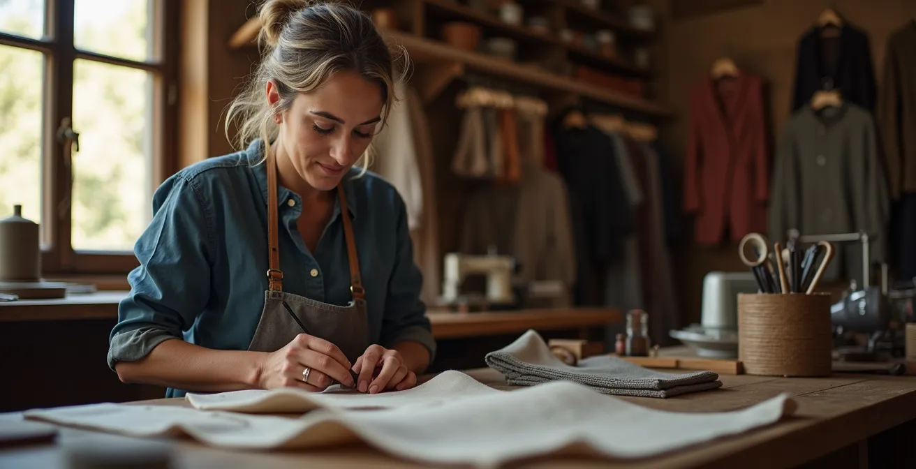 Un artesano de la moda en su taller en España trabajando con dedicación en una prenda hecha bajo demanda.