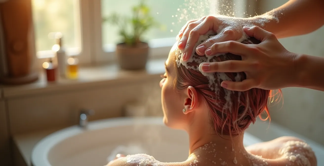 Demostración de la técnica del doble lavado para cabello teñido con manos masajeando suavemente el cuero cabelludo.