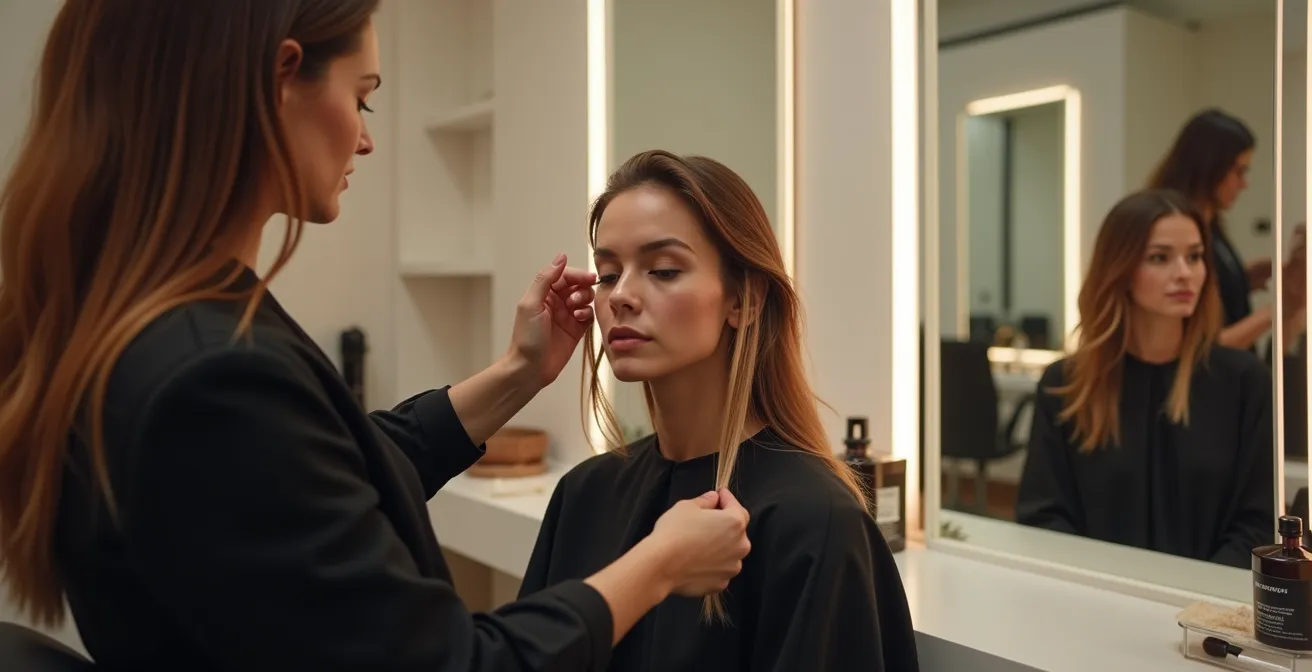 Peluquero aplicando mechas face framing con pincel alrededor del rostro de una clienta