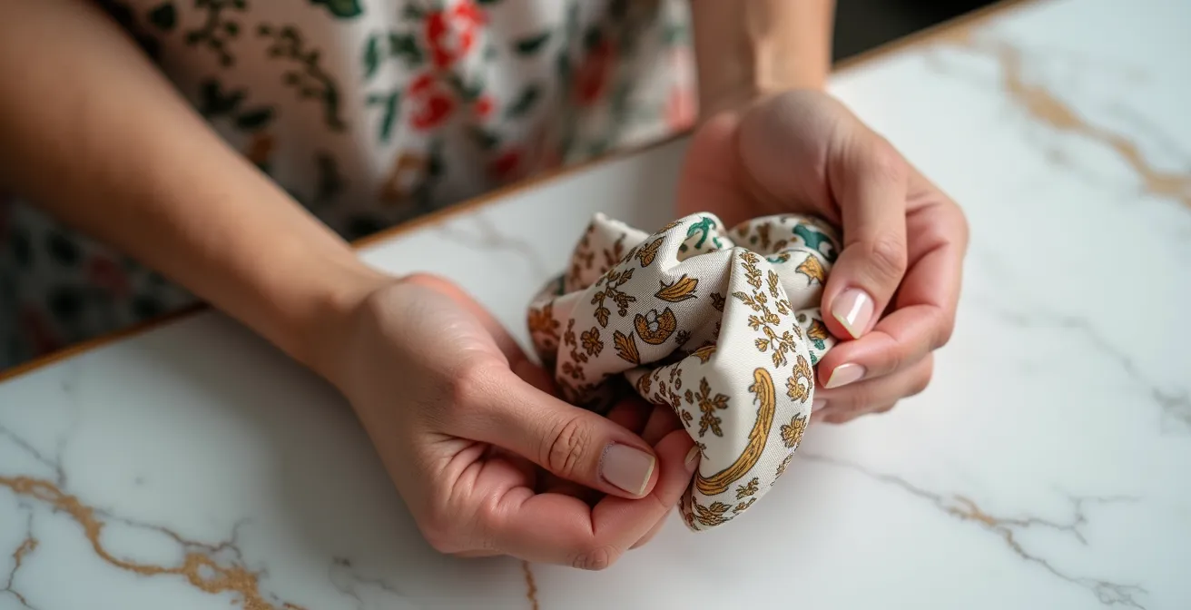 Manos femeninas anudando elegantemente un pañuelo de seda estampado sobre superficie de mármol