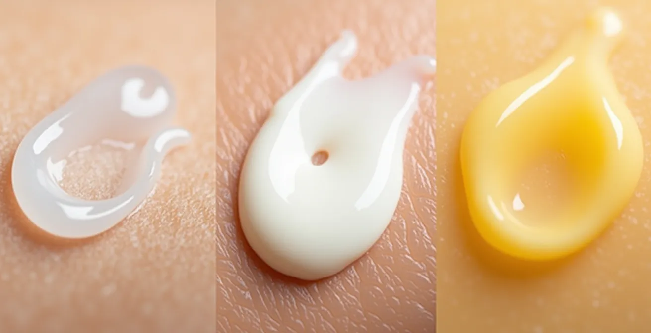 Detalle macro de tres texturas diferentes de cremas sobre piel: gel, leche y manteca.