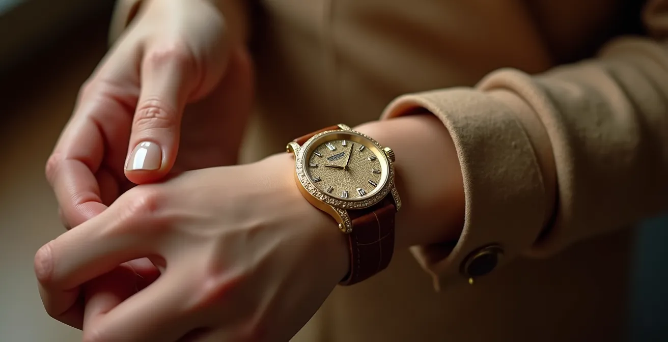 Detalle macro de mano femenina cambiando un reloj inteligente por joyería artesanal elegante