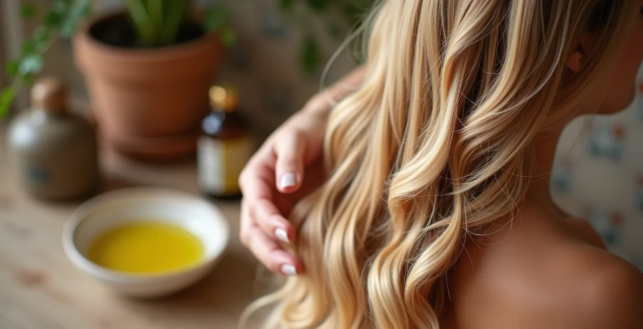 Manos aplicando aceite nutritivo en puntas de cabello con balayage