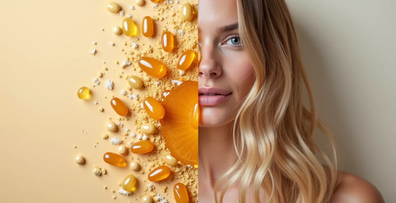 Vista simbólica de transformación capilar con productos reparadores naturales