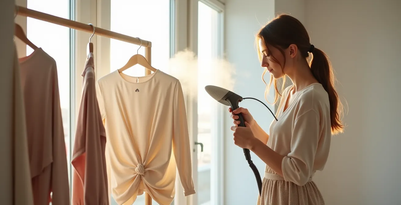 Mujer usando vaporizador vertical en prenda colgada mostrando técnica profesional