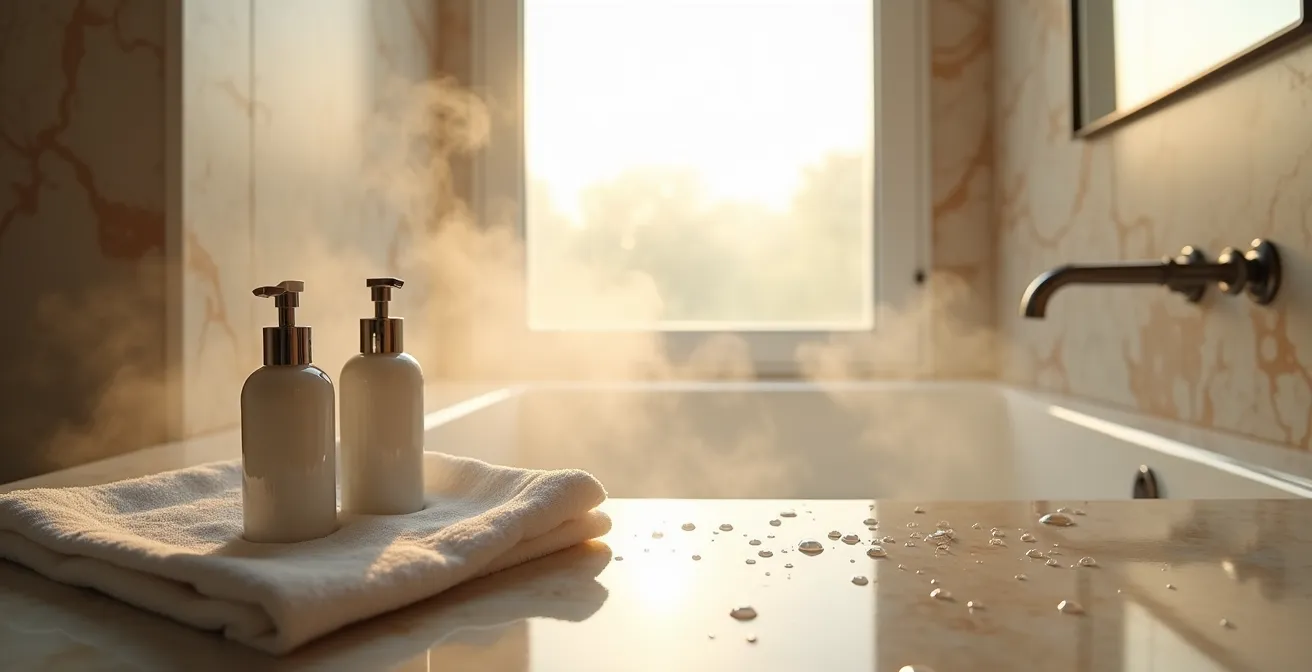 Vista amplia de un baño minimalista con vapor, sugiriendo el momento ideal post-ducha para la hidratación.