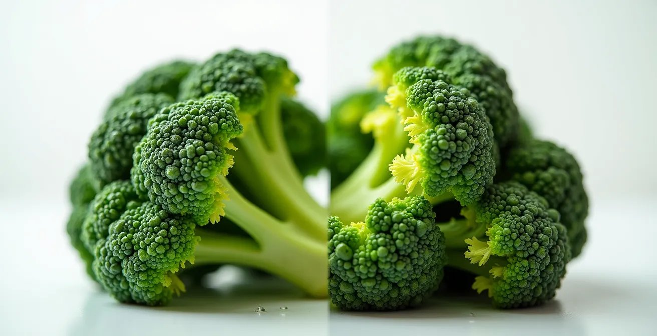 Comparación visual de brócoli cocinado al vapor, de color verde intenso, frente a brócoli hervido, de tono apagado.